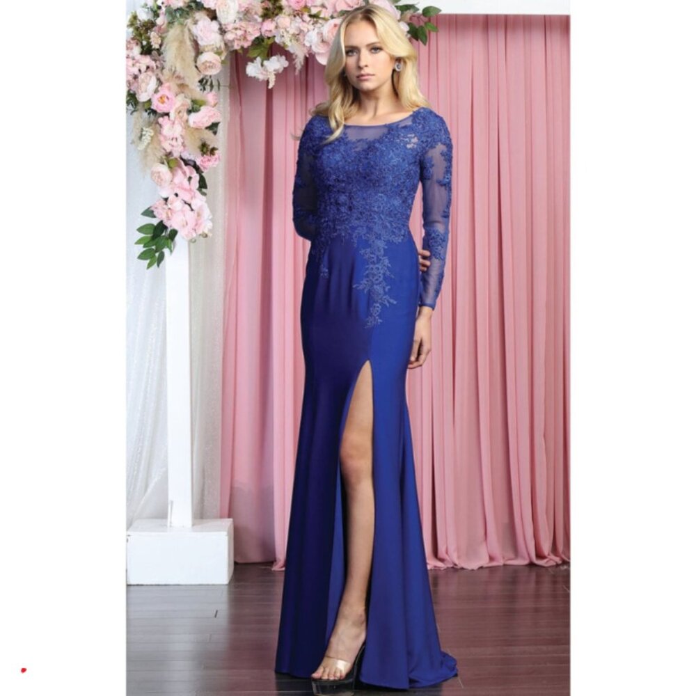 Royal Blue Evening Illusion Bateau Sleeve Trumpet Dress By Royal Queen RQ7913